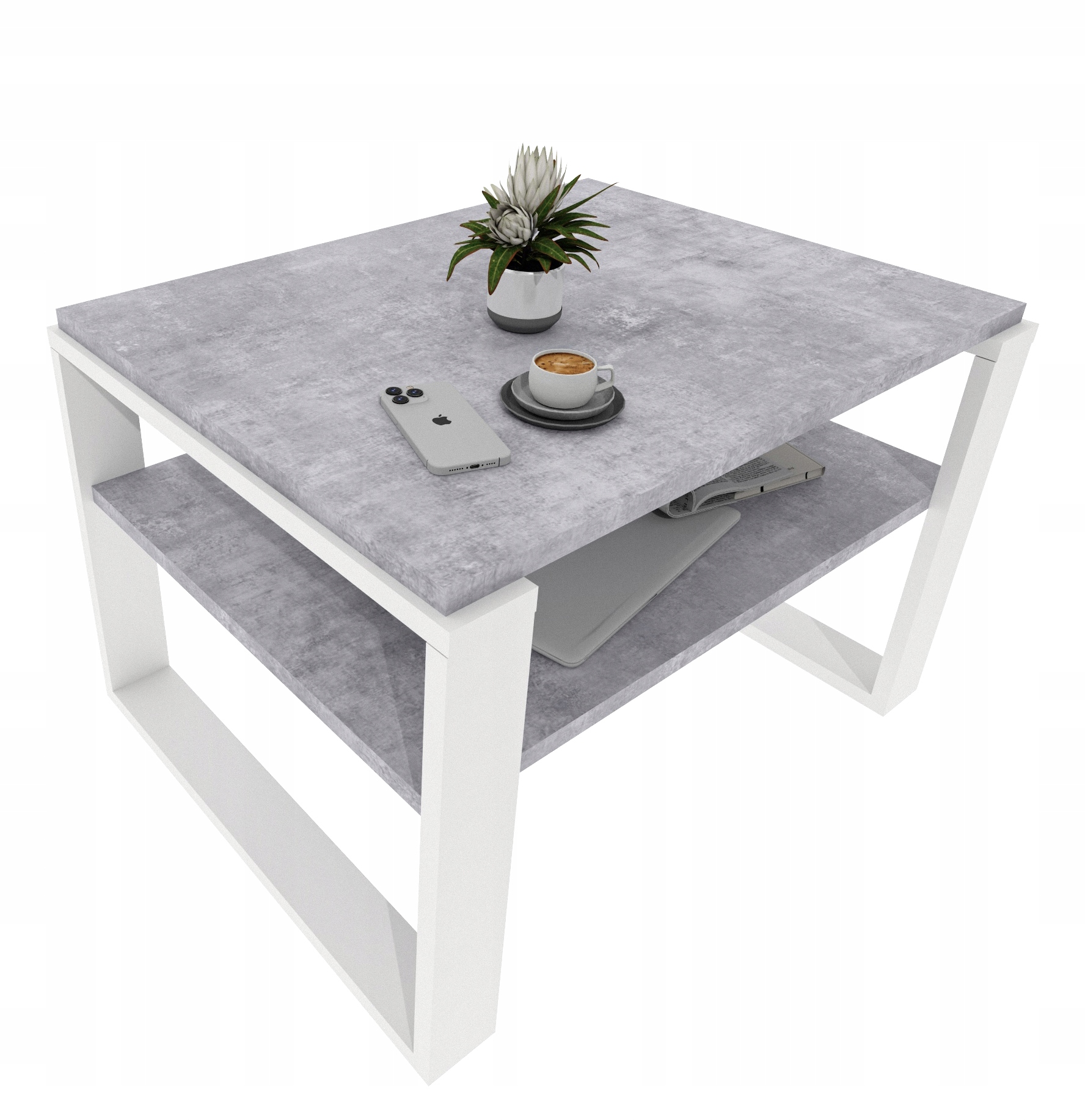 Kávový stolek Kaja 61 cm s policí Beton/Bílý loft do obývacího pokoje 61x51x44
