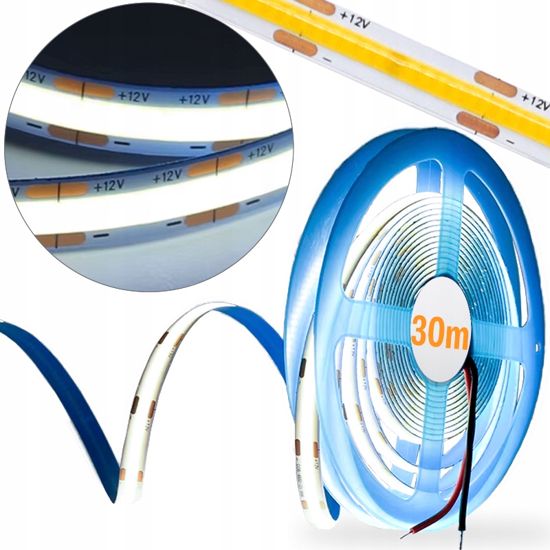 Pasek Mocna Taśma Cob Led Premium Nie Mruga 12V 4000K 8mm 320 diod m 30m