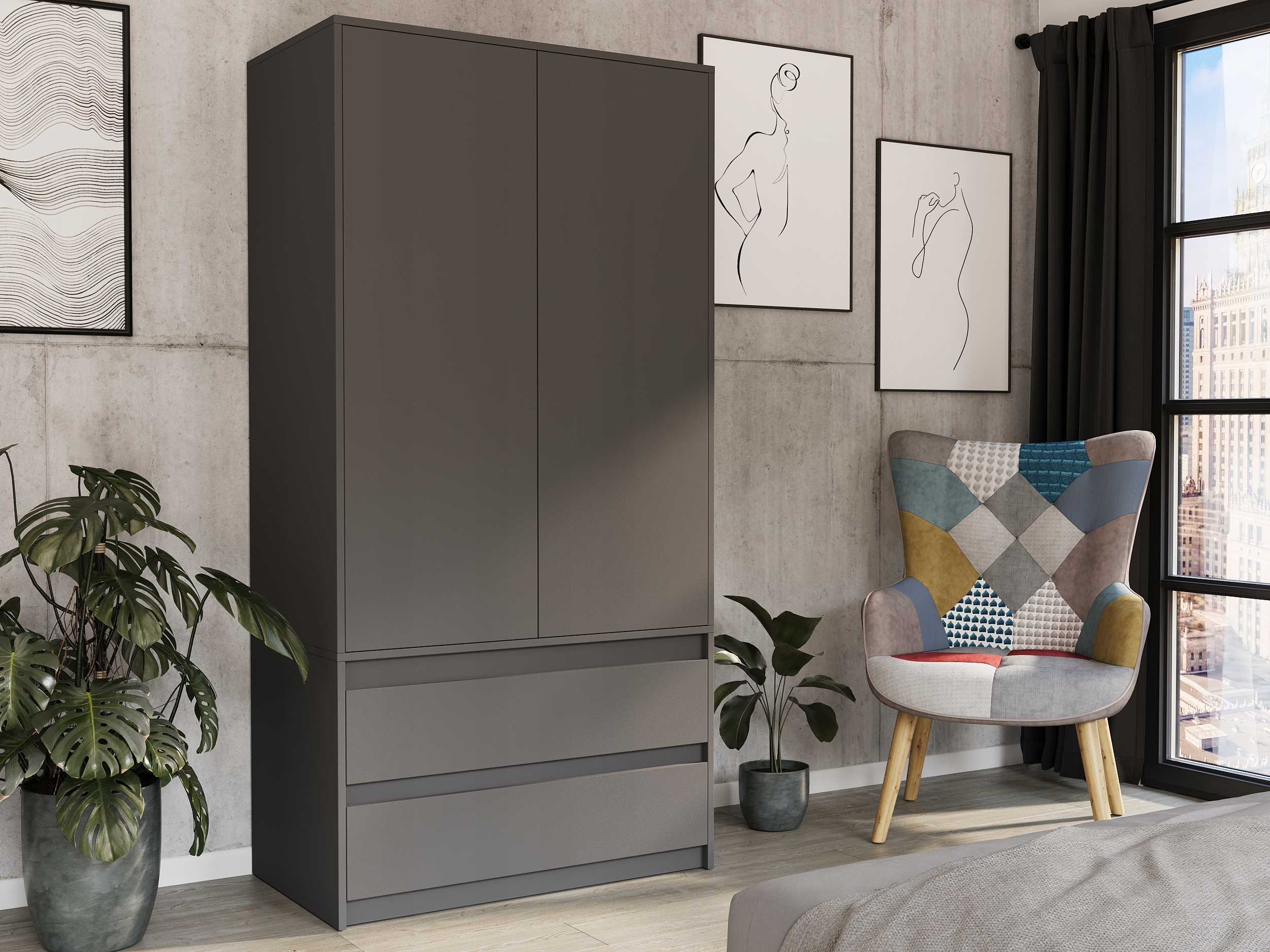 Szafa garderoba 90cm 2drzwi 2szuflad antracyt B-9TIP