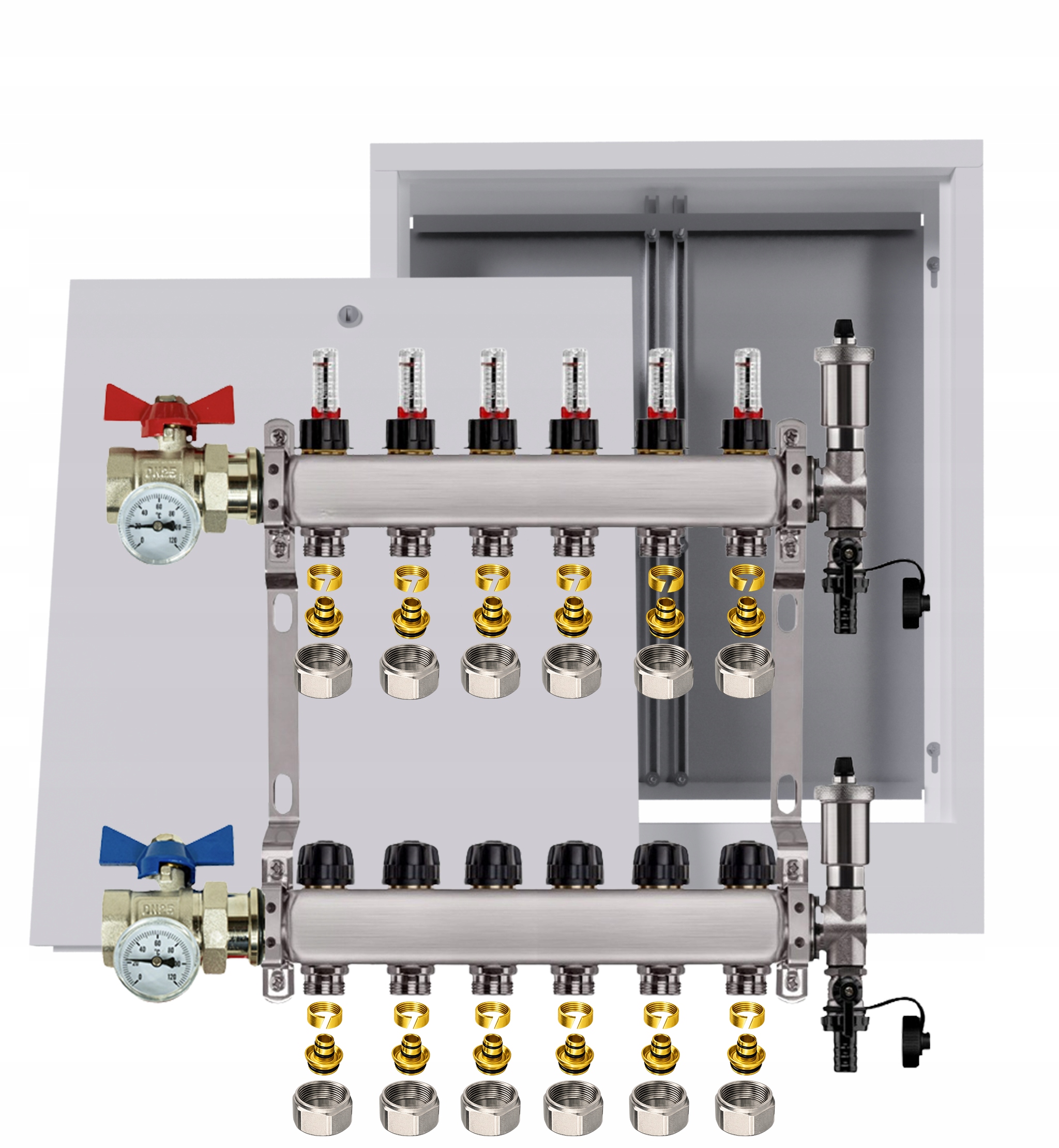 Nerezový rozdeľovač podlahy 6 obvodov skrinka ventily Pex