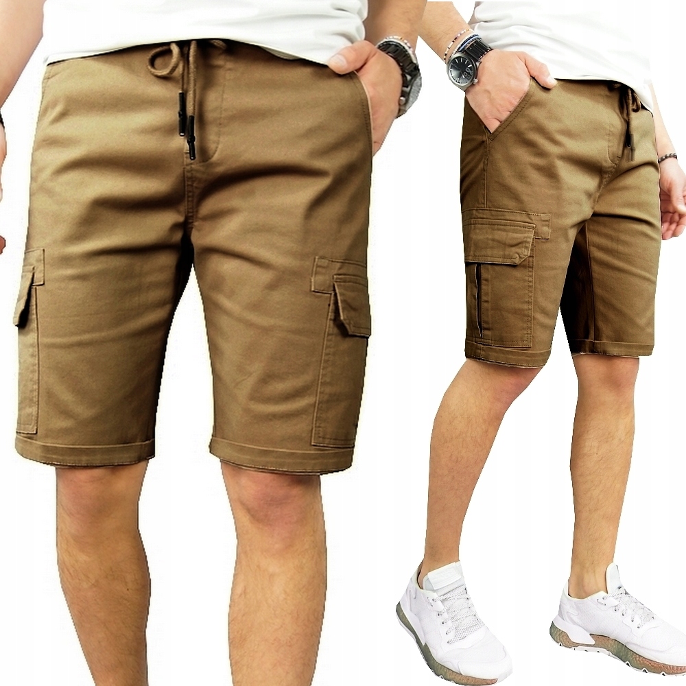 krótkie Spodenki Męskie Bojówki Z Kieszeniami jeans Pas Z Gumką karmel 2XL