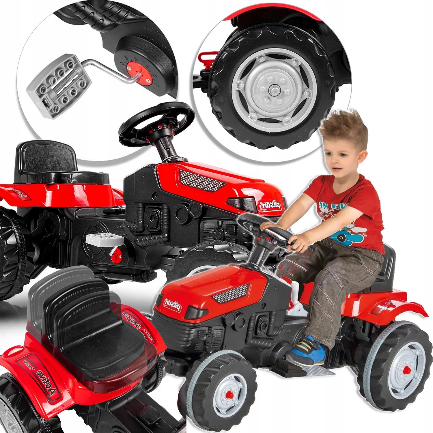 Pilsan Traktor na Pedały Jeździk Pojazd z Kierownicą Czerwony 07321