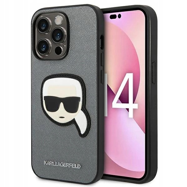 Etui Karl Lagerfeld Saffiano Karl's Head Patch na iPhone 14 Pro srebrne