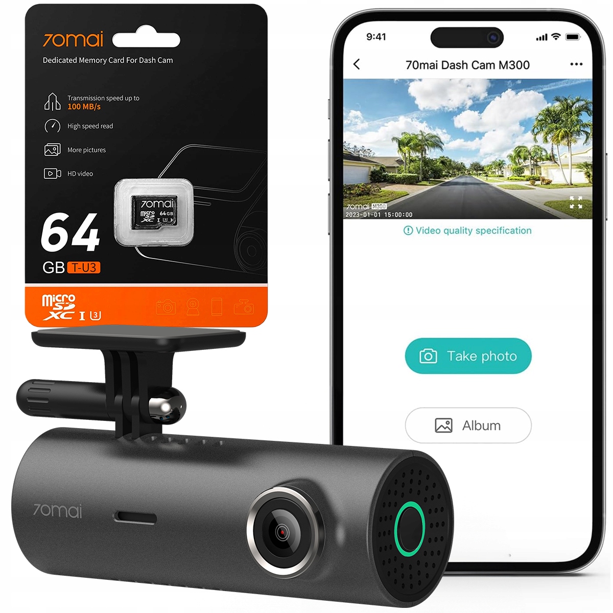 Kamera samochodowa 70mai M300 Dark Gray 1296p 140° + oryginalna karta 64GB