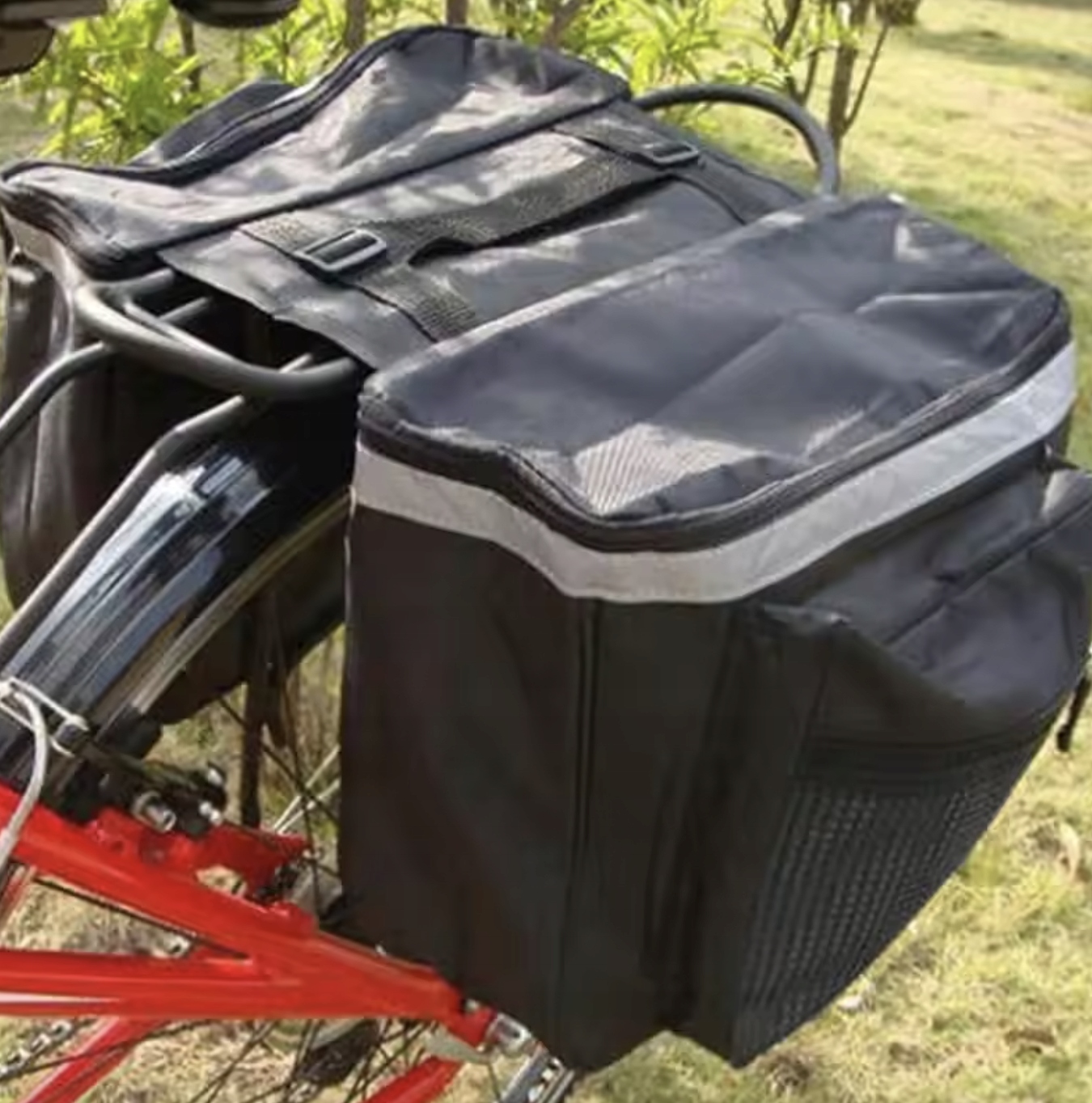 TORBA SAKWA ROWEROWA NA BAGAŻNIK rowerowy PODWÓJNA DUŻA POJEMNA + ODBLASKI Model torba rowerowa