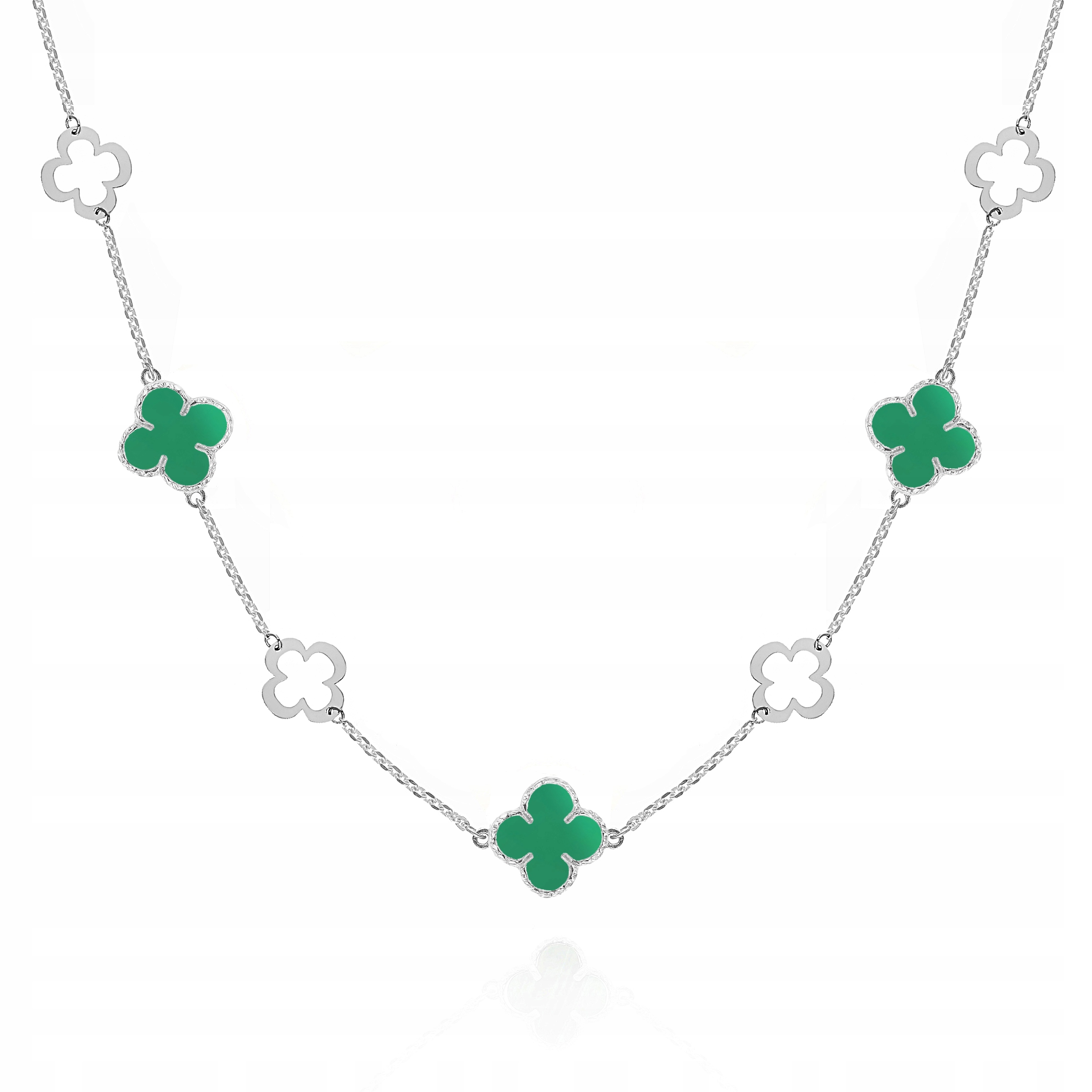 Stříbrný náhrdelník choker čtyřlístky zelený achát PR.925 45 cm