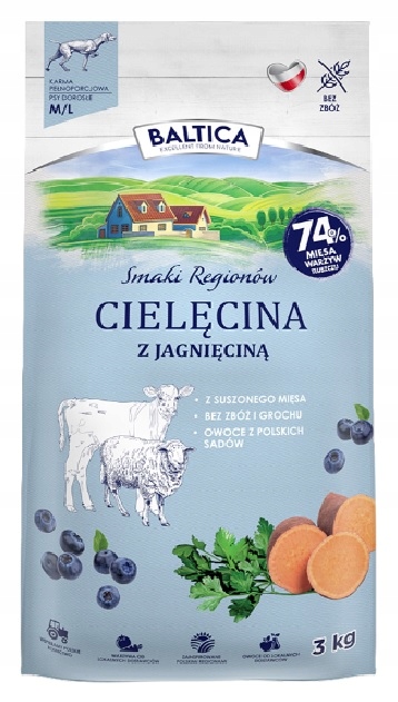 Levně Suché krmivo pro psy Baltica Telecí s jehněčím masem M/L 3 kg Dárek