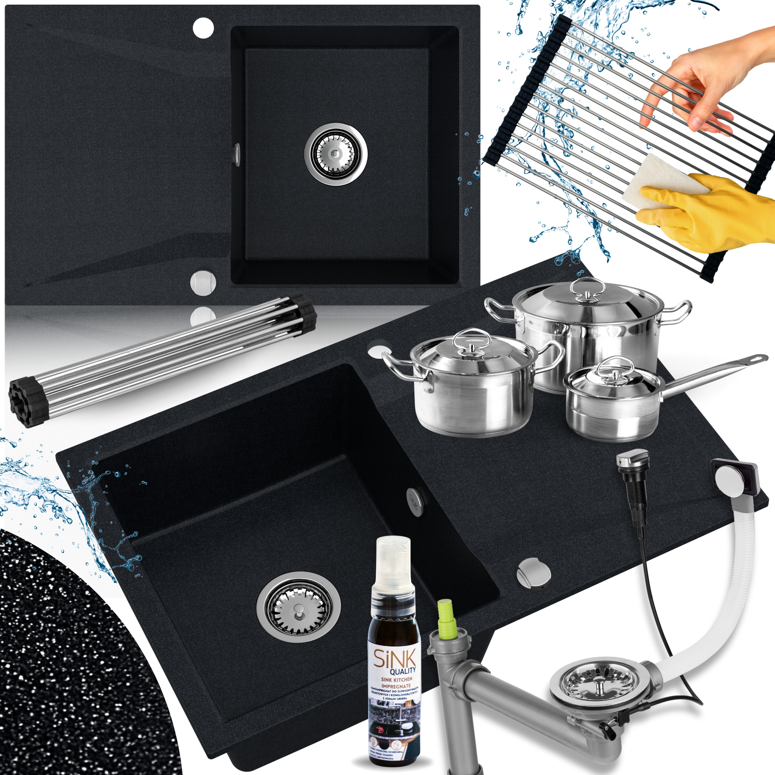 Jednokomorový Dřez Černý Granitový Metalik Sifon Auto Rolmata 8el.