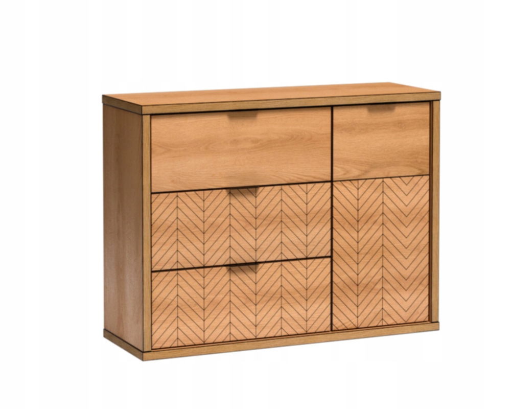 Moderní komoda Monti 118 cm do obývacího pokoje Kancelář Zásuvky Jedle Dub Karamel