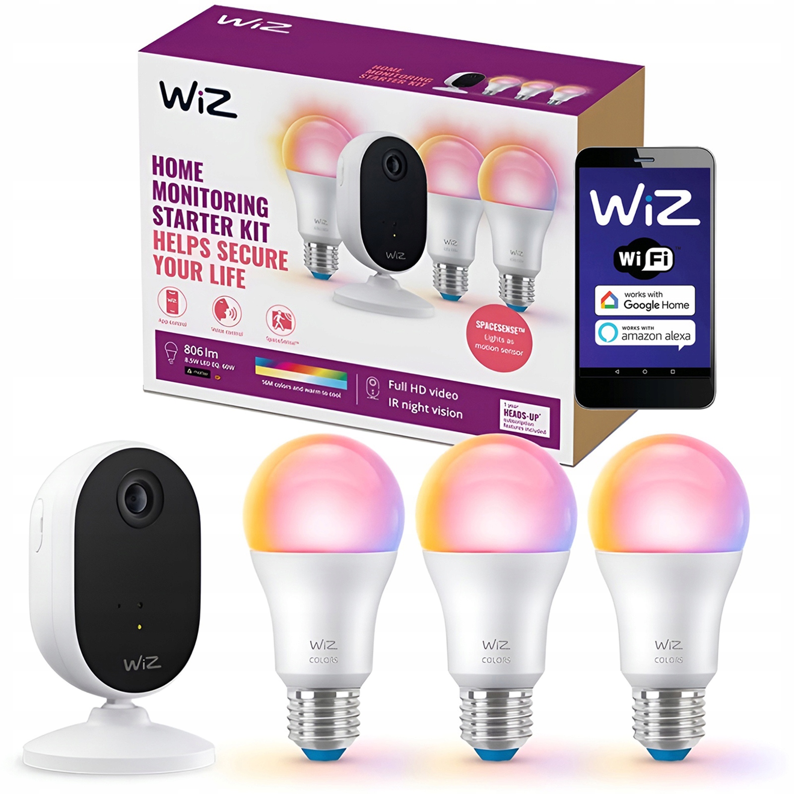 Startovací Sada 3x Led žárovka E27 8,5W Rgb FullHD kamera WIFi Smart WiZ