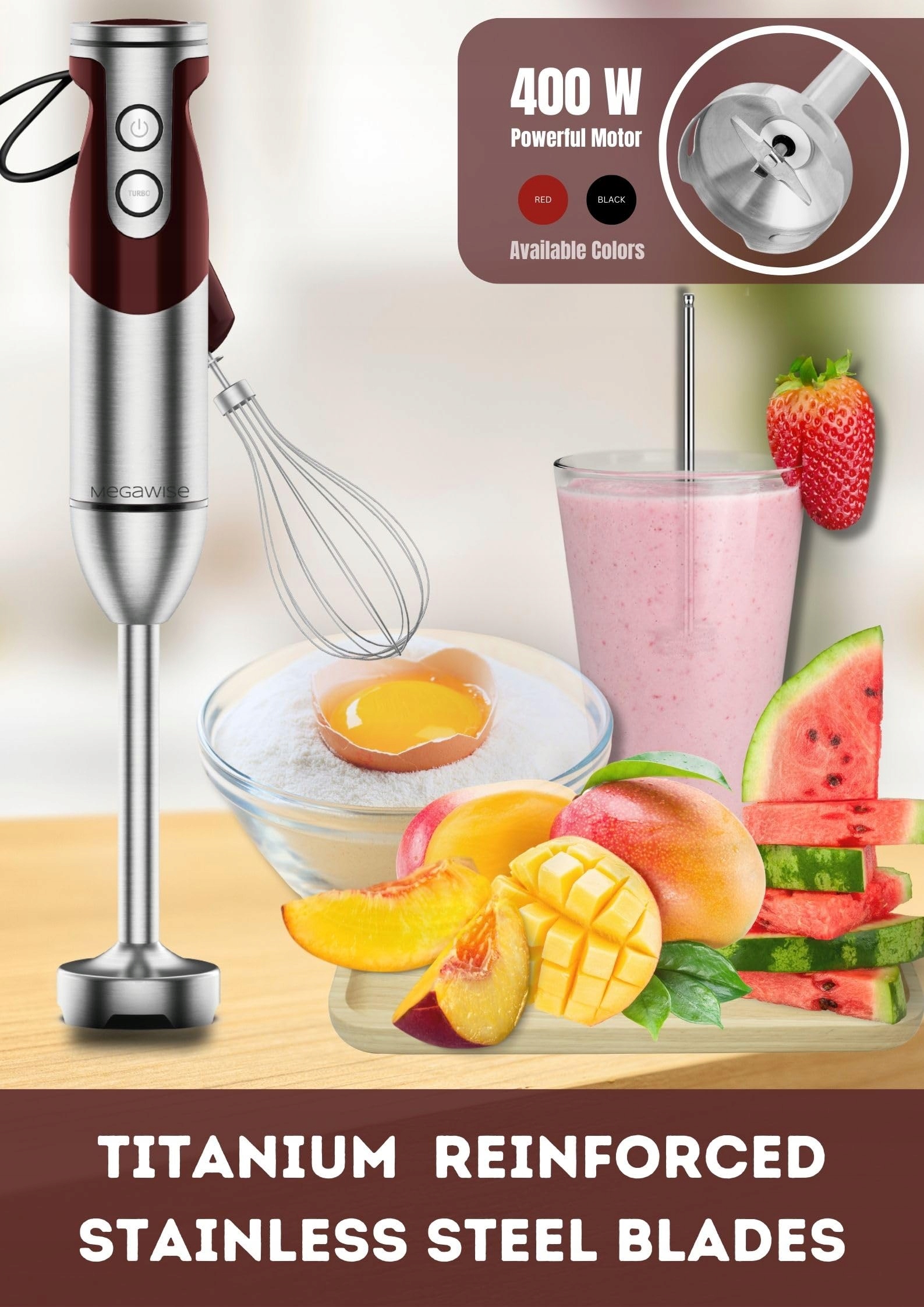 MEGAWISE Blender Ręczny 3w1 12 Prędkości Trzepaczka Spieniacz Czerwony — miniatura 4