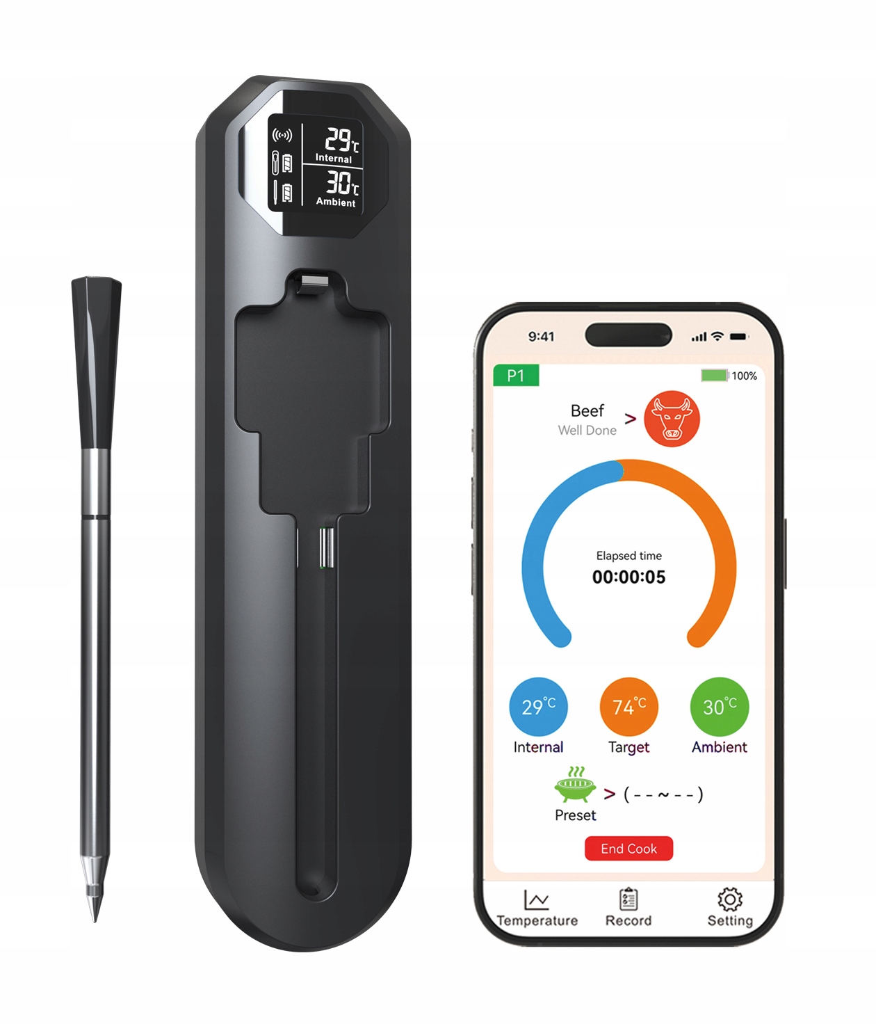 Levně Kuchyňský Teploměr Gril Udírna Trouba Termhoff TH-06 LCD Bluetooth