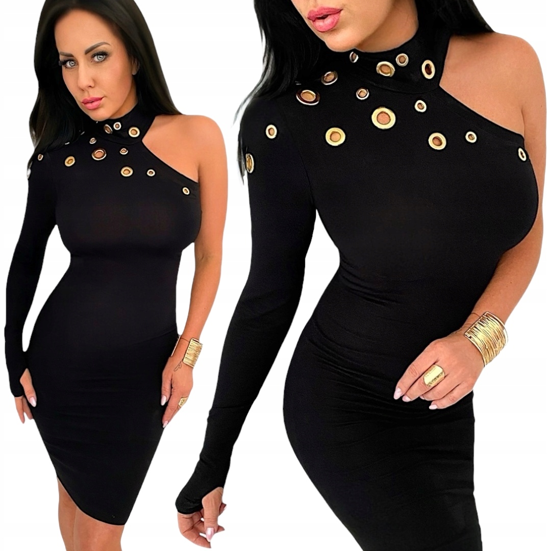 Šaty dámská midi elegantní černá polokošile s odhaleným ramenem, přiléhavá, velikost M 38