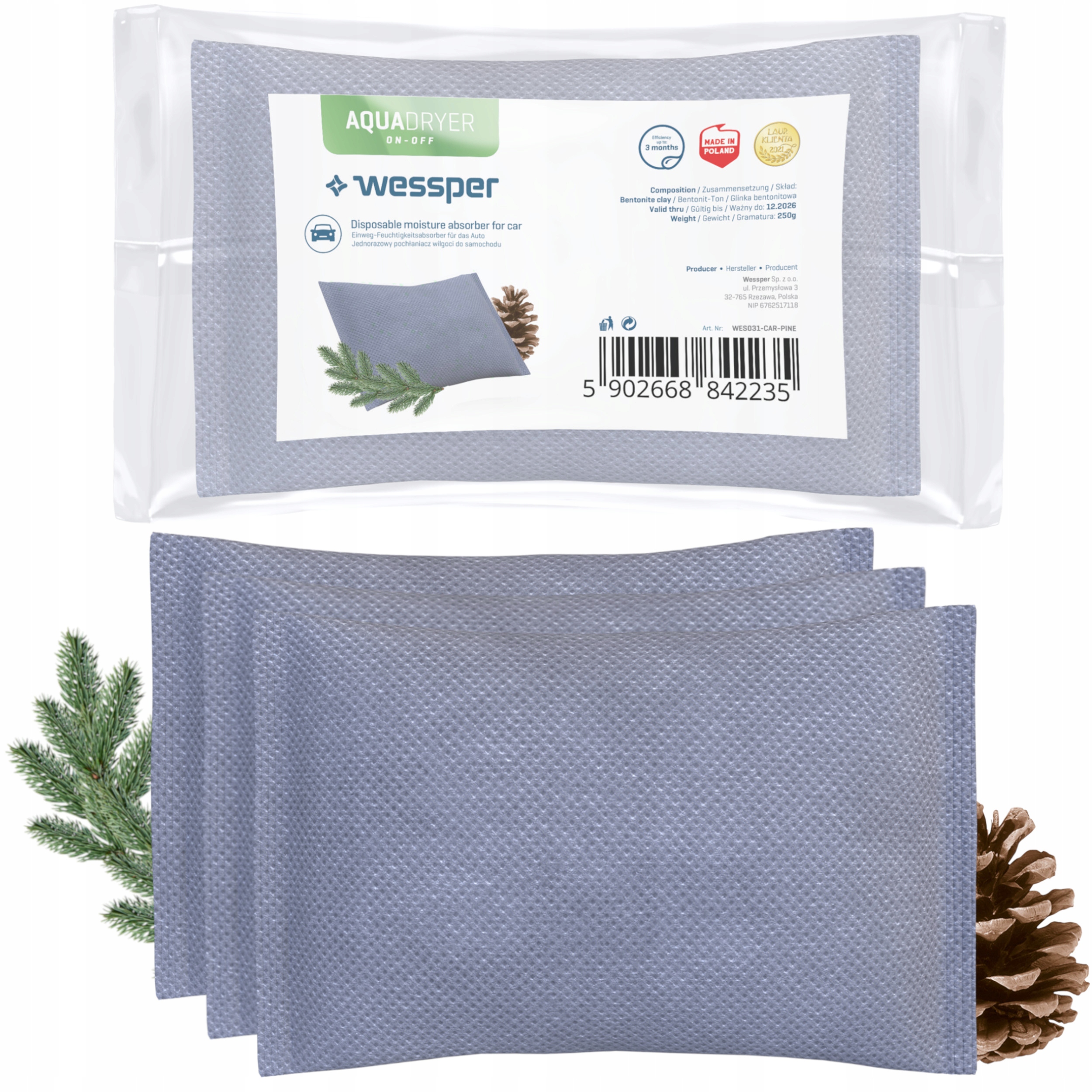 3x POCHŁANIACZ WILGOCI DO AUTA ZAPACH SOSNY 250g
