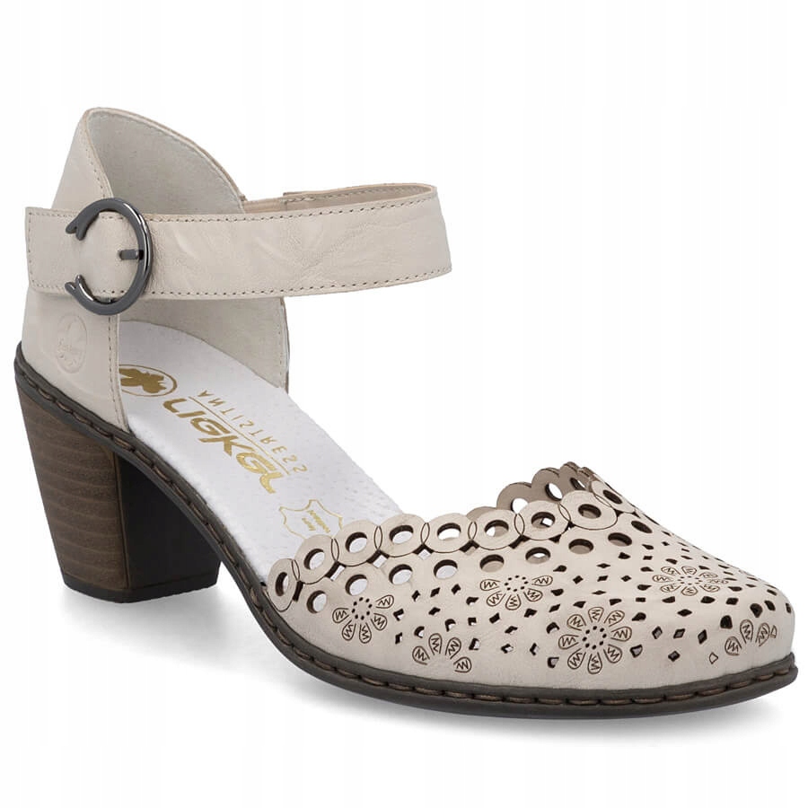 Skórzane sandały damskie na słupku beż Rieker 40902-60 38