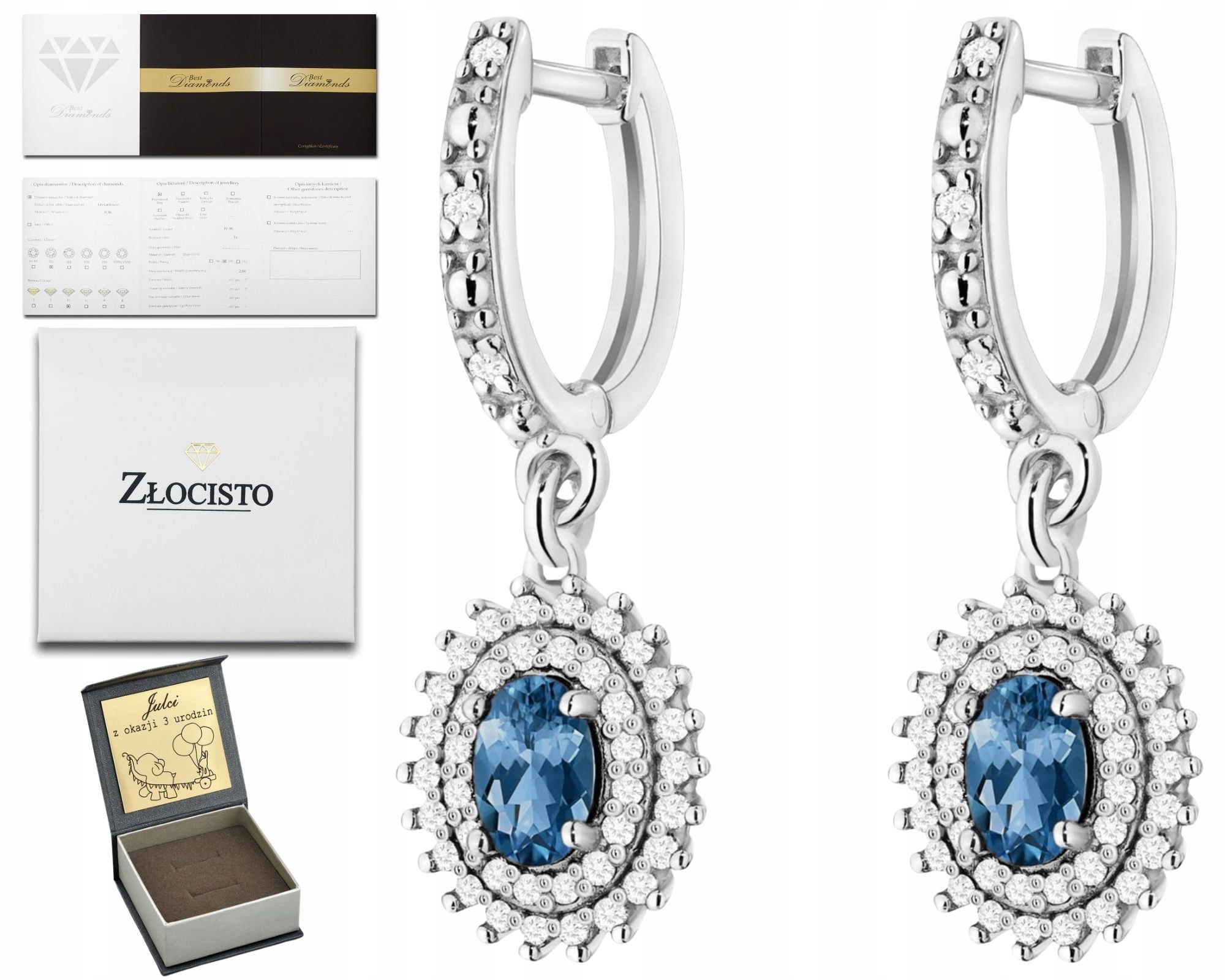 Bílé Zlato Náušnice Přírodní Kámen Topaz London Blue Brilianty Zlato 585