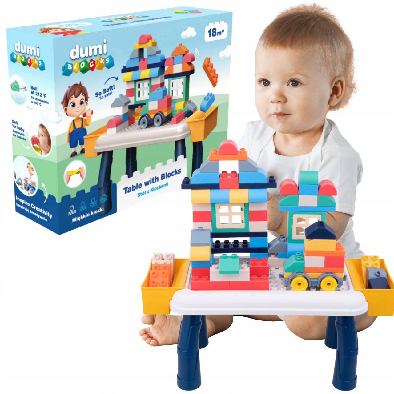 KLOCKI MIĘKKIE STOLIK DLA DZIECI UKŁADANKA KONSTRUKCYJNE DUMEL DUMI BLOCKS
