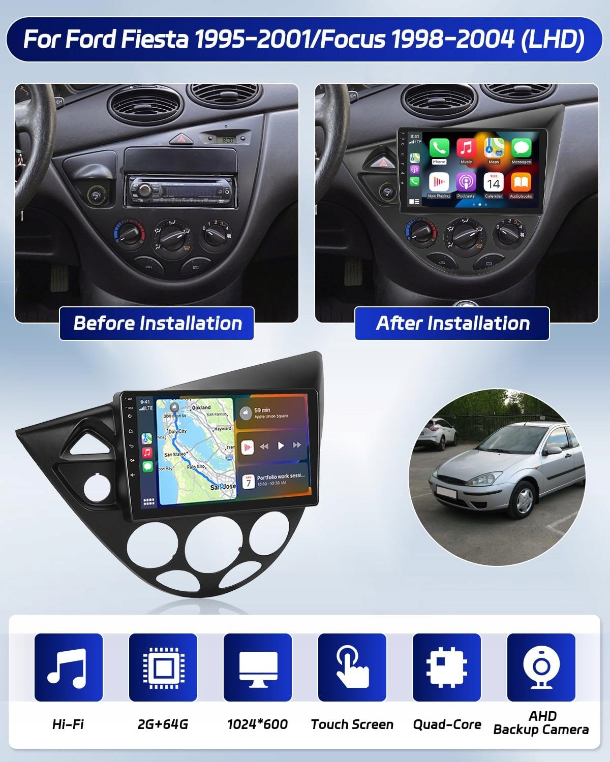 Android CarPlay dla 95-01 Ford Fiesta/98-04 Focus LHD Radio Android Auto Stan opakowania oryginalne