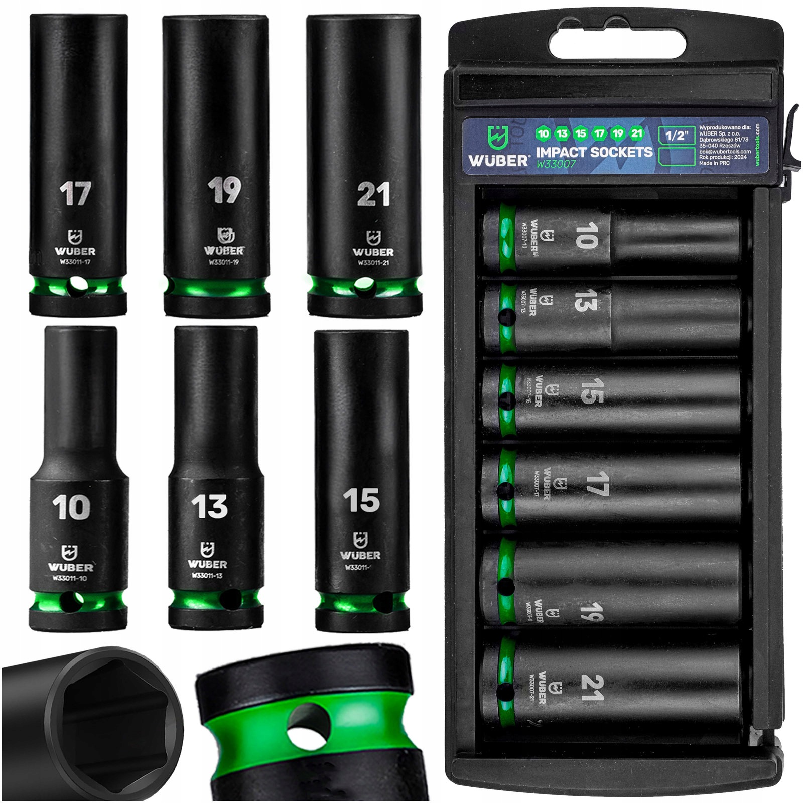 Zestaw Nasadek Udarowych 6 Szt. 1/2" 6-KĄTNE Długie Nasadki 10-21MM Wuber