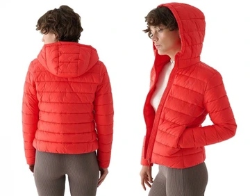 4F dámská s kapucí prošívaná péřová bunda s kapucí, červená korálová, velikost S