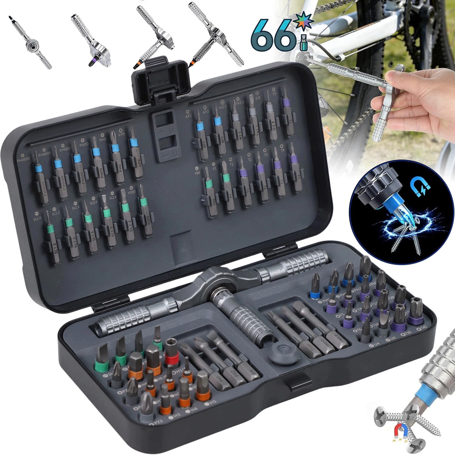 Sada Bitů 66V1 S Ráčnovým Šroubovákem T-handle S Magnetickými Vrtáky