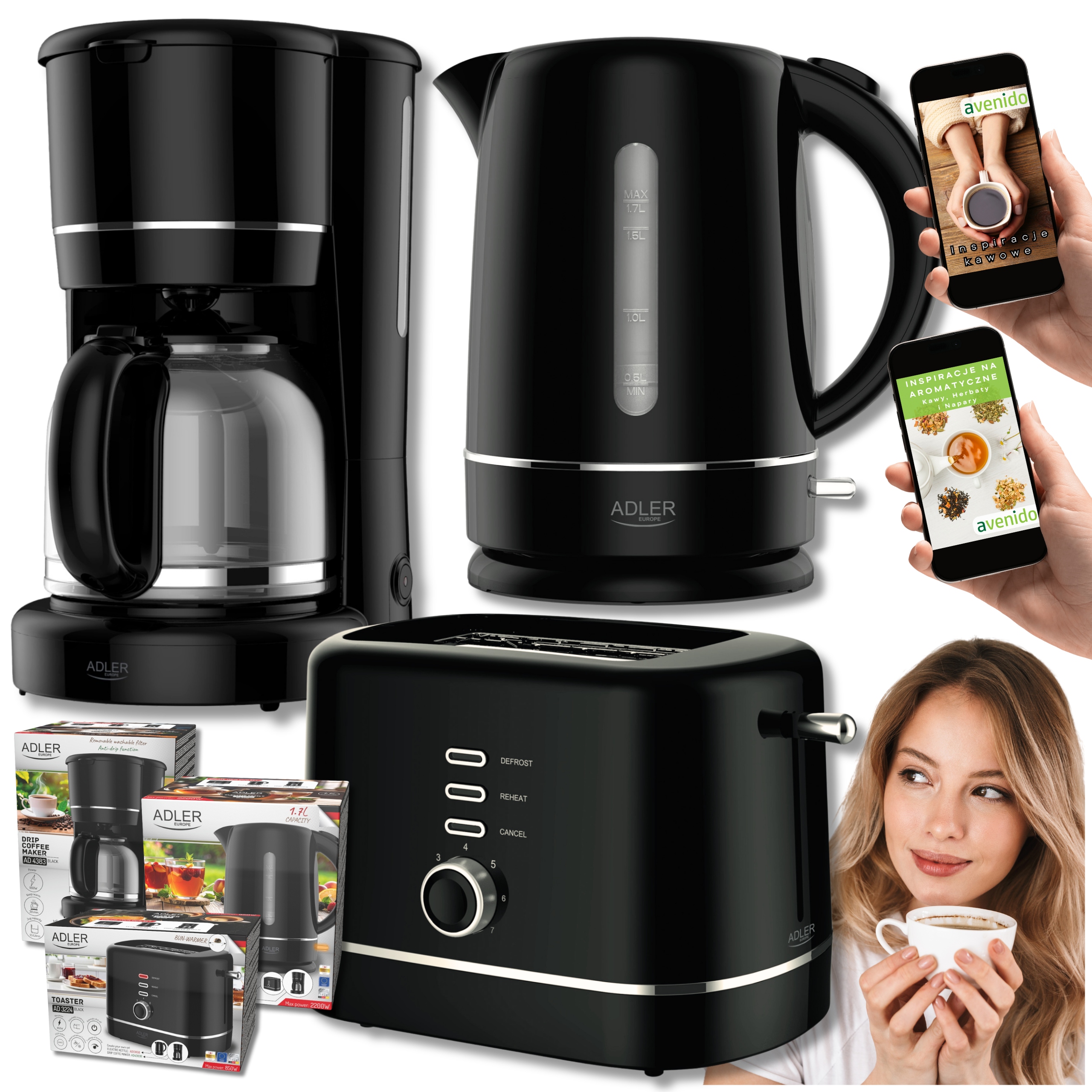 Čierny set značky Adler prekvapkávací kávovar toaster rýchlovarná kanvica