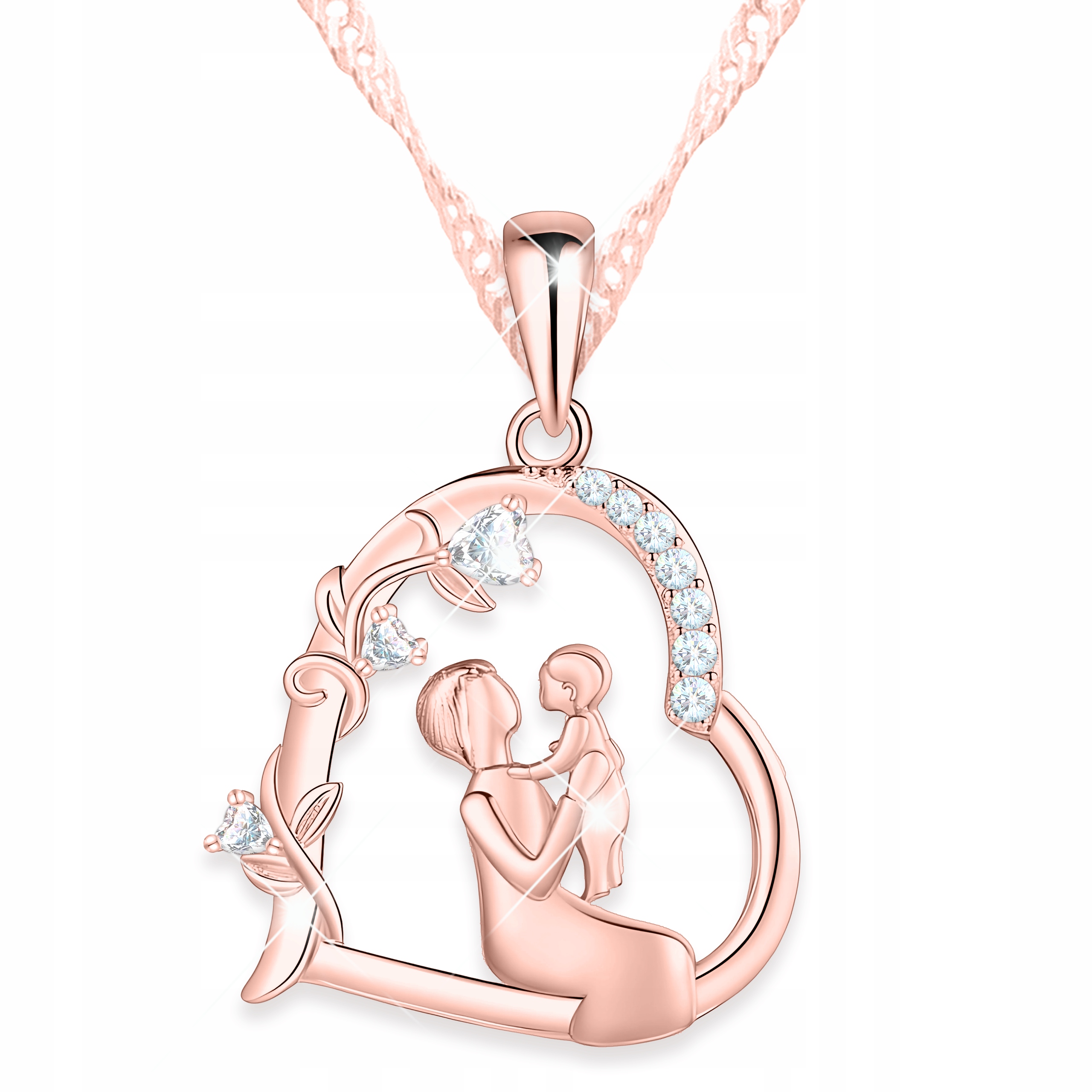 Náhrdelník Pozlacené srdce Matka s dítětem Větev Bílé Zirkony Stříbro 925