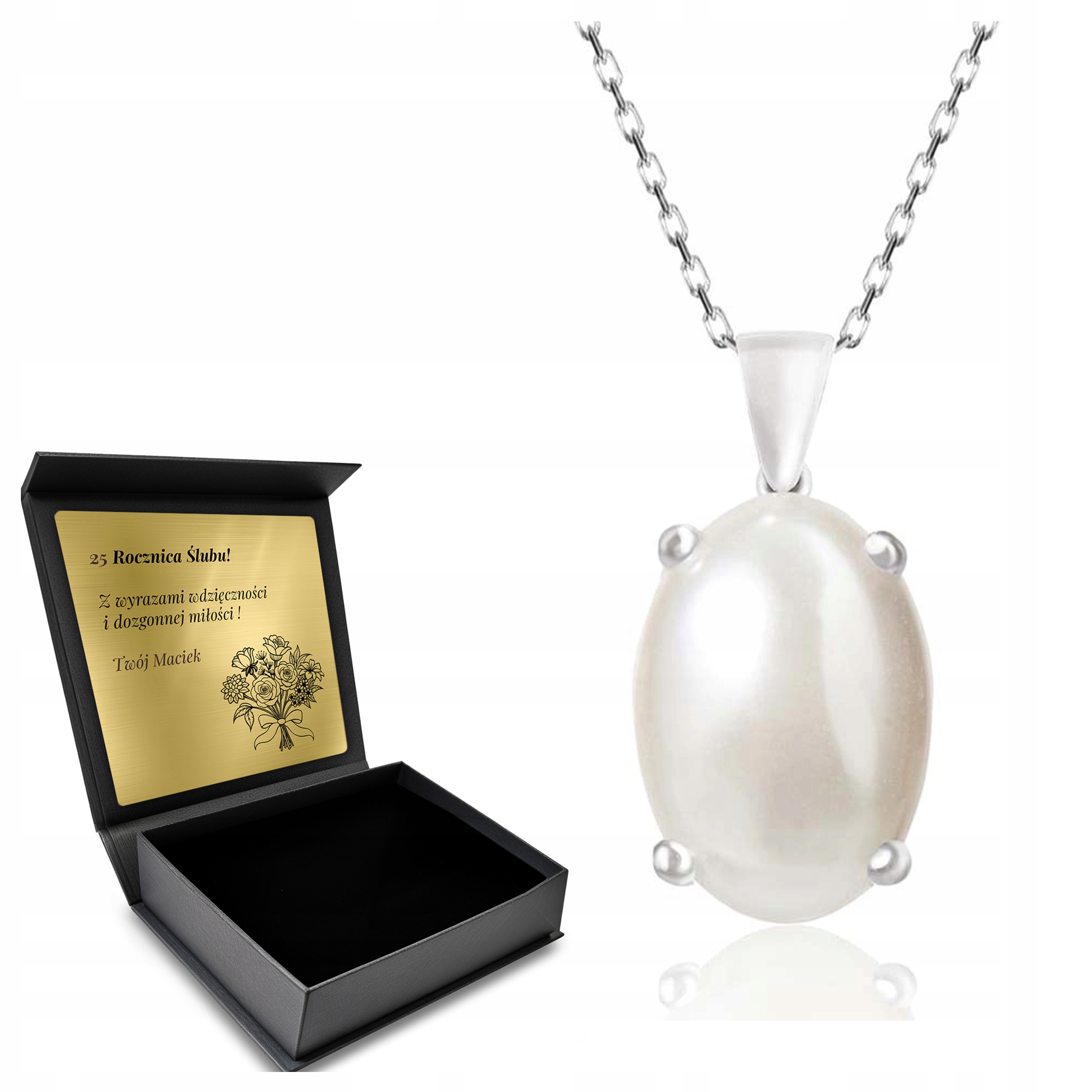 Stříbrný Náhrdelník 925 Perla Krásná Dárek pro ženu Gravírování Bonus