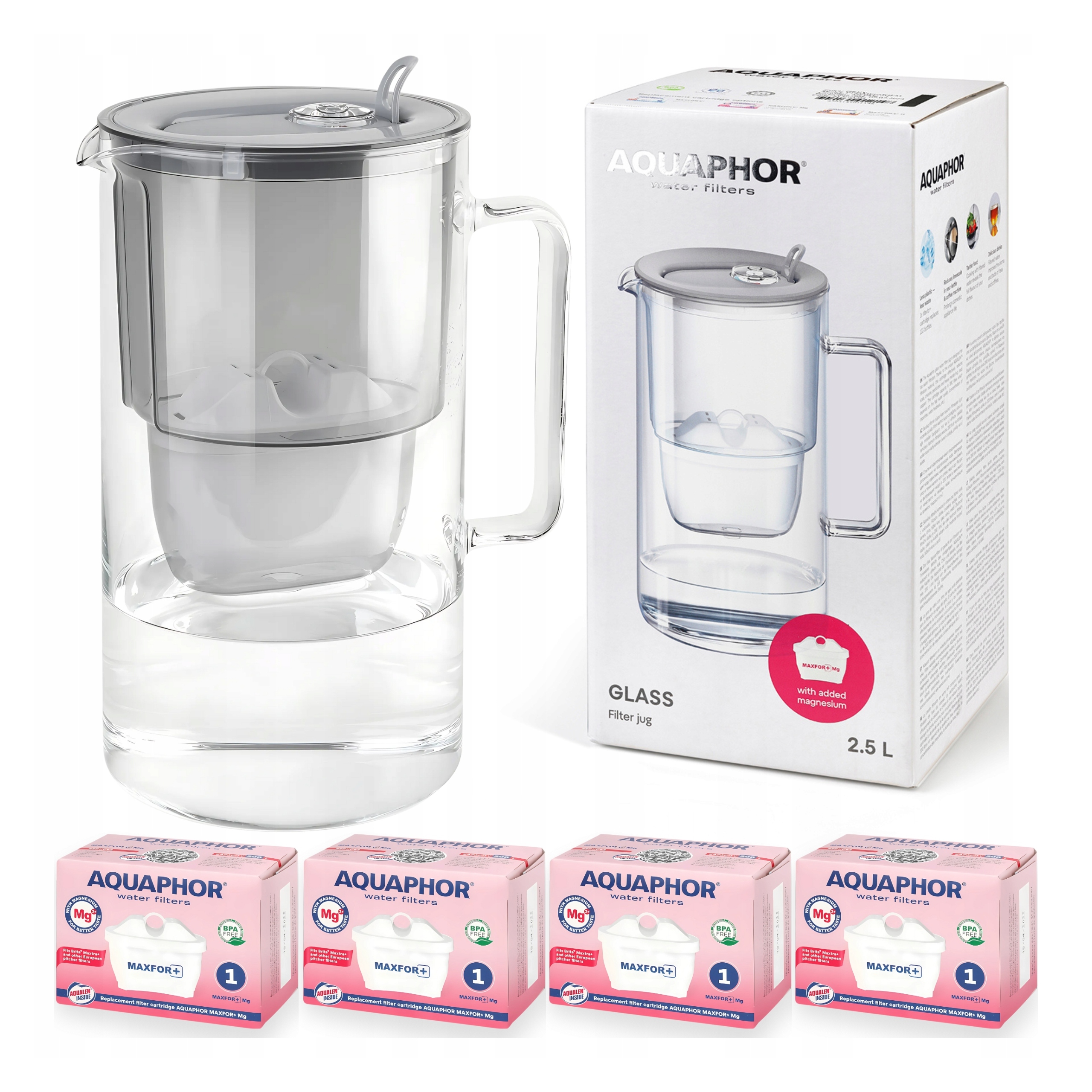 Filtrační konvice skleněná Aquaphor Glass Šedá 4 filtry Maxfor Mg Hořčík