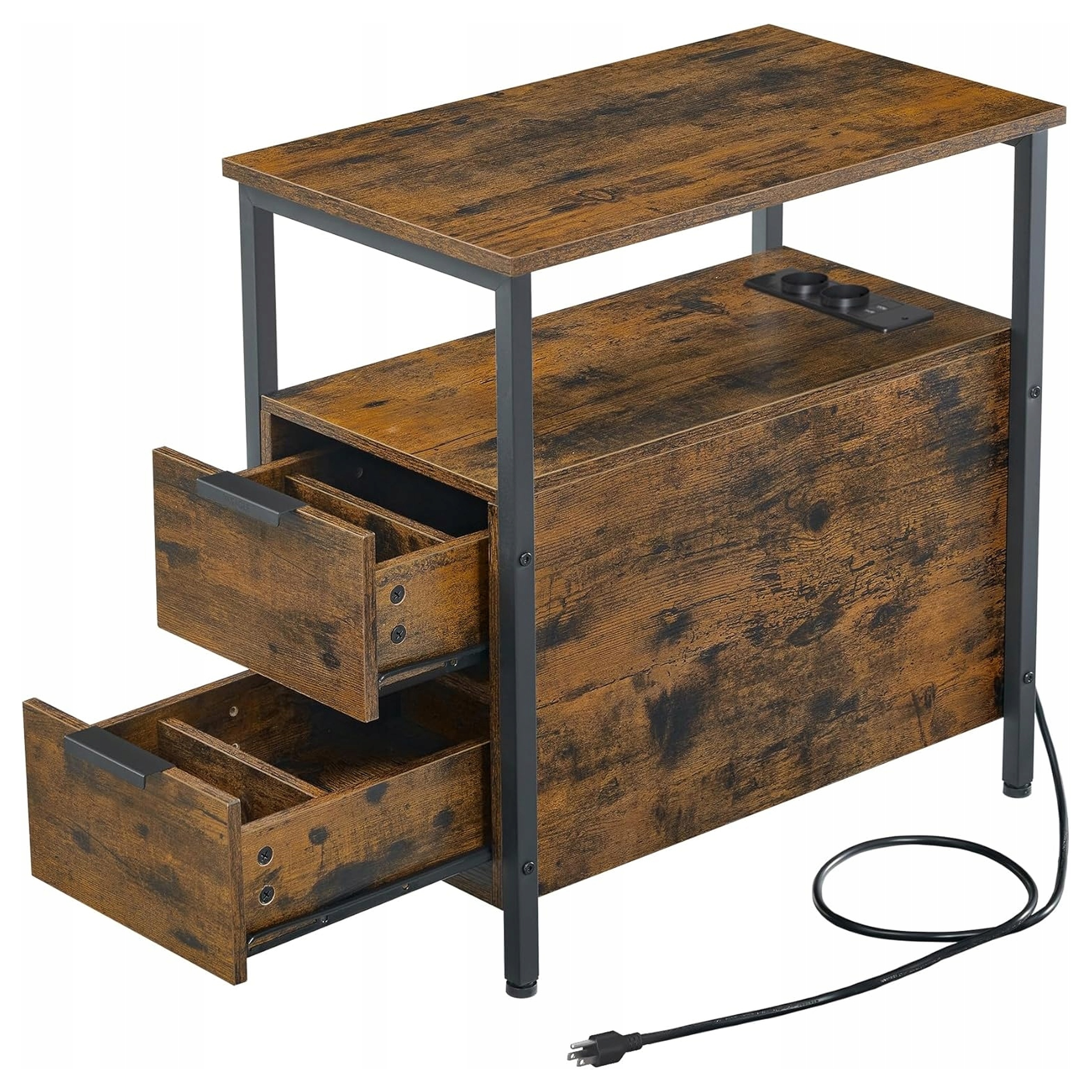 Szafka Nocna Wąska Stolik Boczny Gniazdko Port Usb Rustykalny Ciemny Brąz