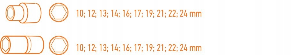 Nasadki udarowe 1/2", 10-24 mm, zestaw 20 szt., wkładka Typ 6-kątna