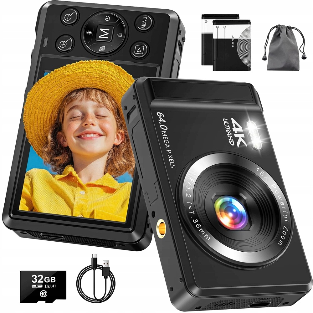 Digitální Fotoaparát 64 Mp S 16NÁSOBNÝM Zoomem Videa 4K Pro Vloggery S 32GB Kartou