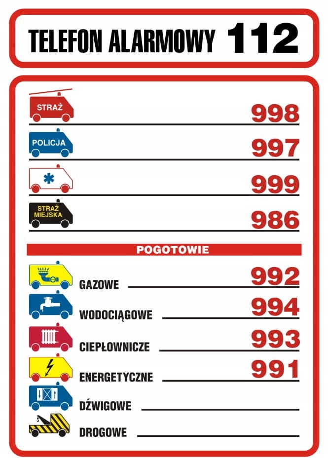

Tabliczka Telefonów Alarmowych 14,8X21 Pcv