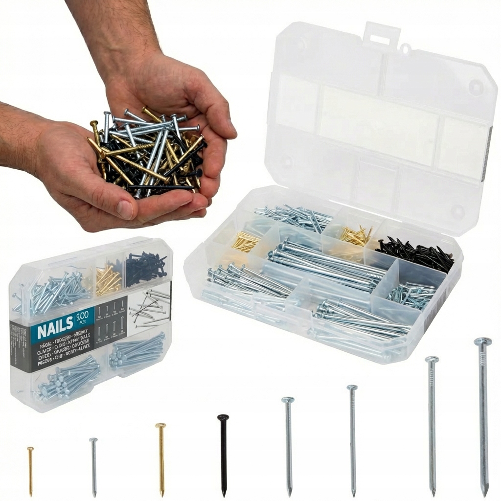 GWOŹDZIE BUDOWLANE ZESTAW ORGANIZER 500 SZT RÓŻNE ROZMIARY MOCNE STAL A3