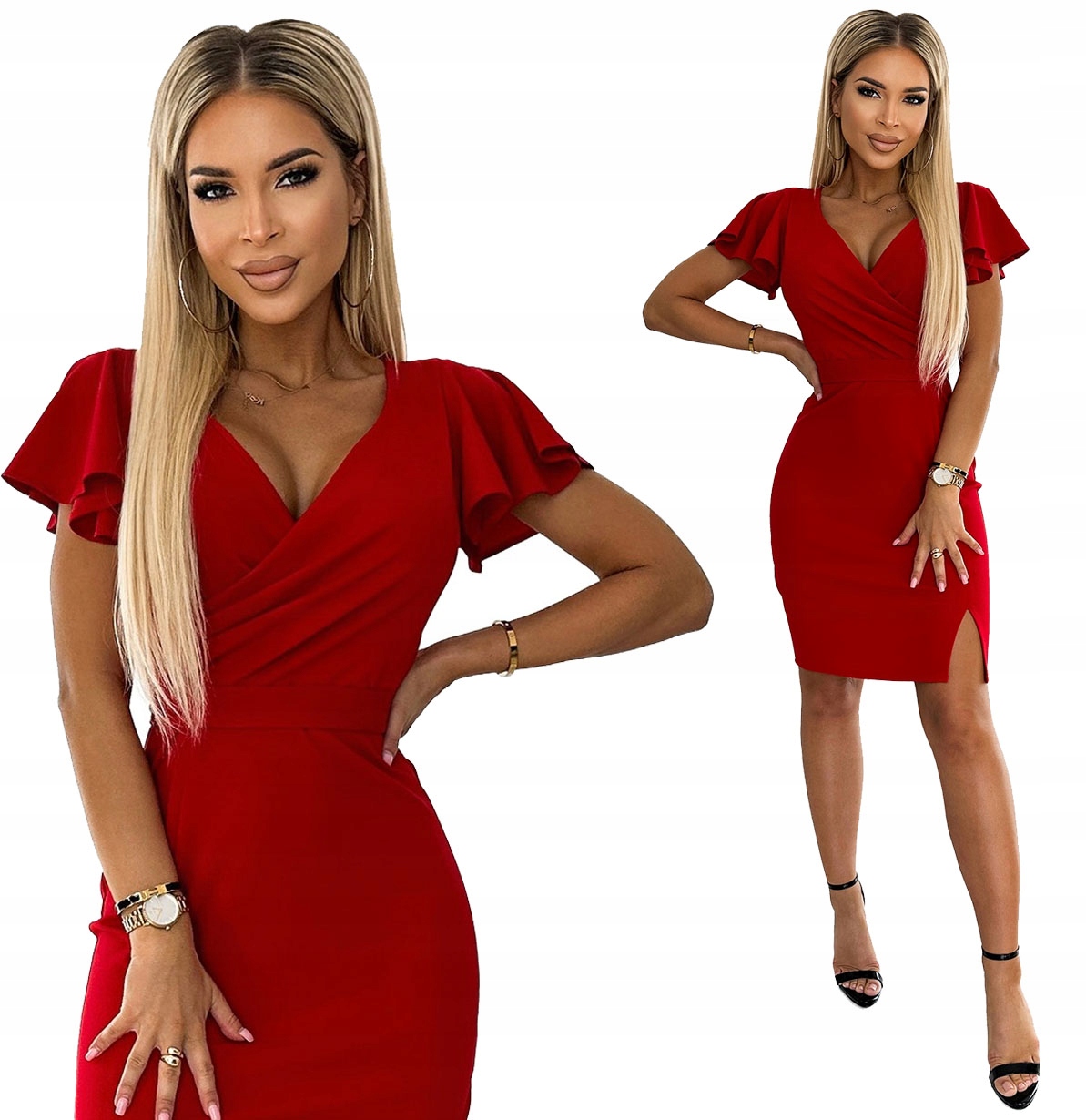 Krásné Ženské Šaty S Krátkým Rukávem A Rozparkem, Červená Barva Xs