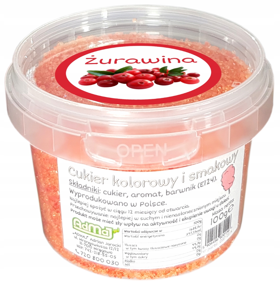 Kolorowy Cukier Do Waty Cukrowej Żurawina 100g Czerwony Wiaderko Marka AdMaJ