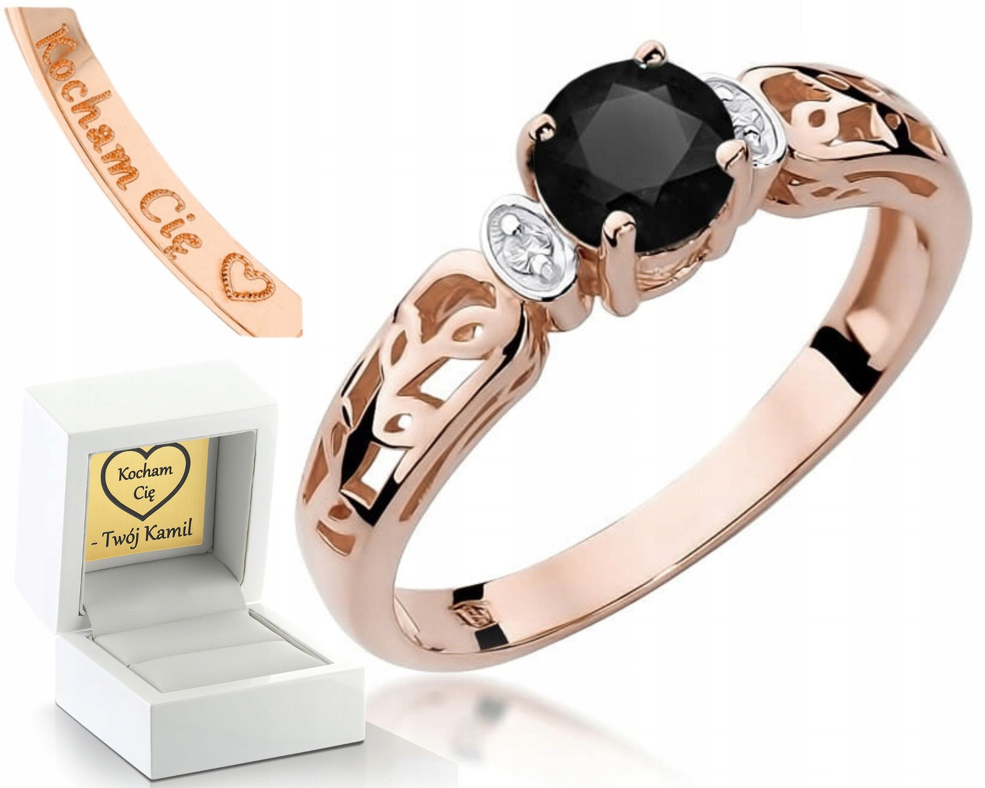 Zlatý Prstýnek Růžové Zlato Černý Briliant A Brilianty 585 Gravírování