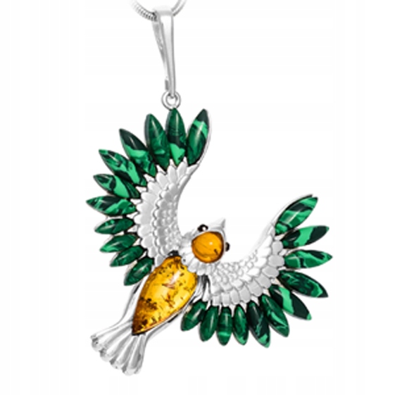 Přívěsek Rajský Pták fénix holub ze Stříbra 925 s Jantarem baltský Turkus
