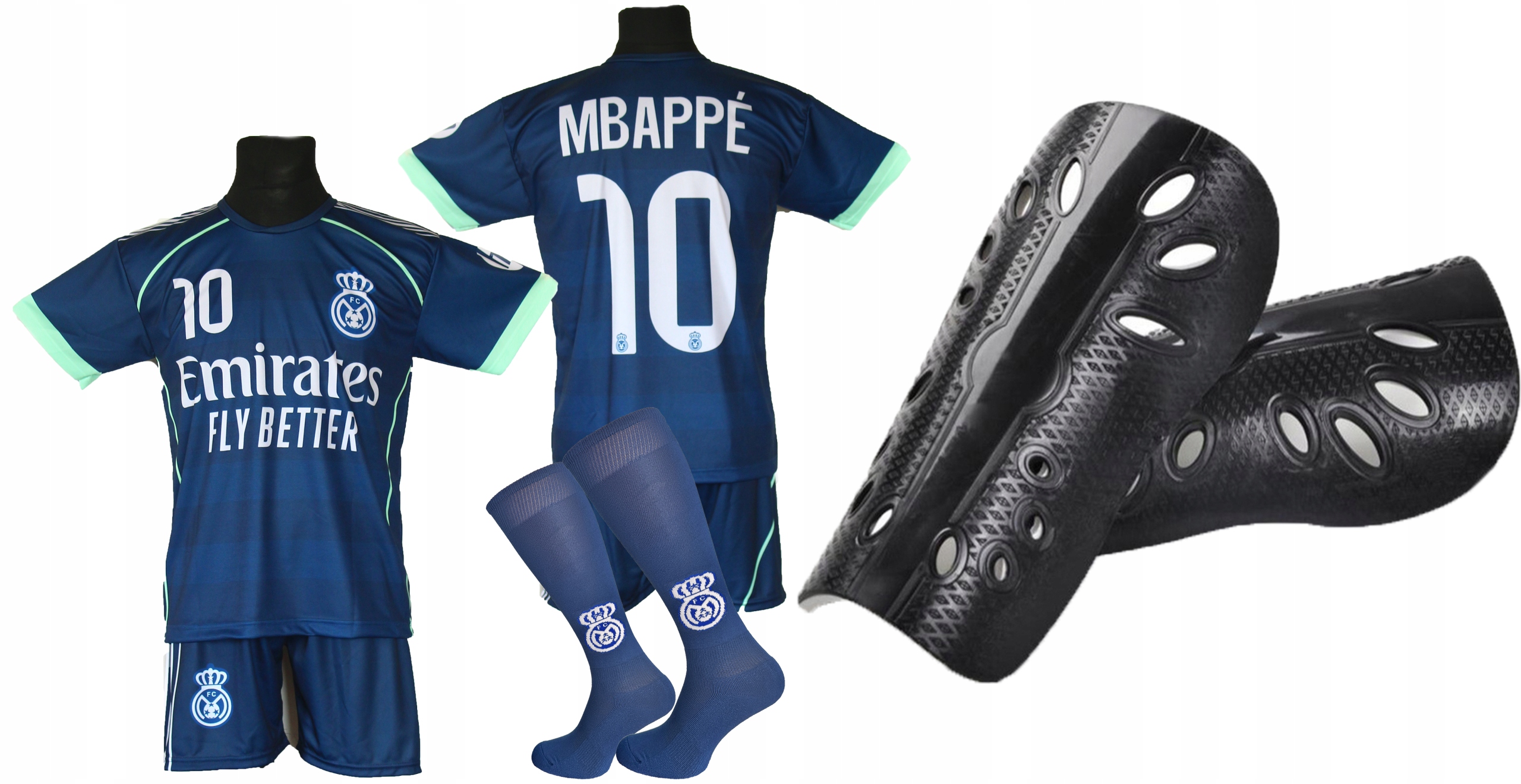 Fotbalové oblečení Mbappe tričko kraťasy štulpny chrániče 140