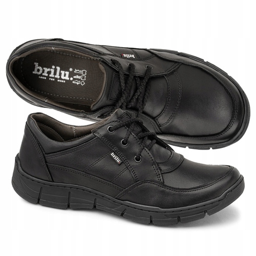 Brilu Polskie Skórzane Sznurowane Półbuty Męskie Aiden Czarne 44