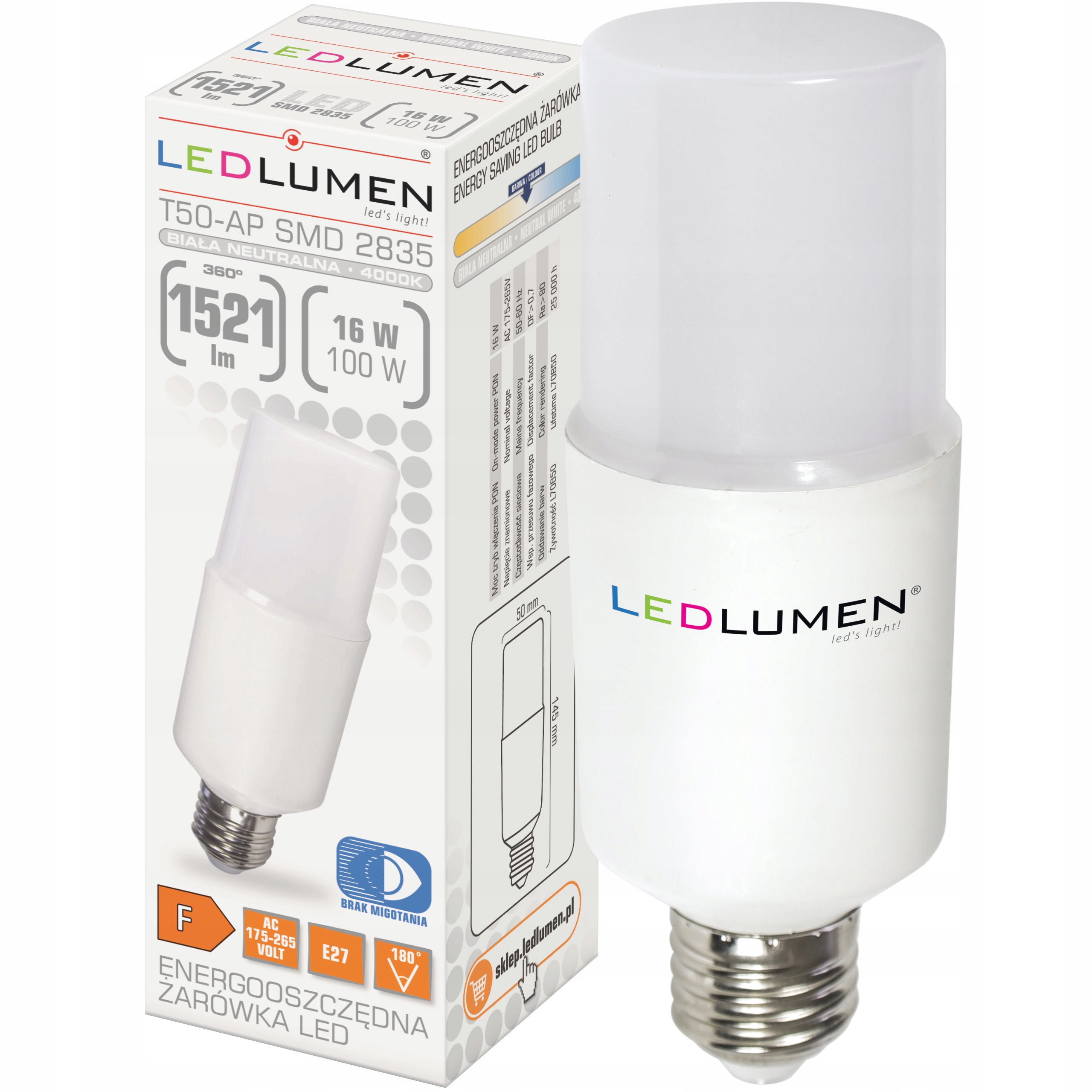 

Żarówka Led E27 T50 16W=100W 1521lm CCD Neutralna