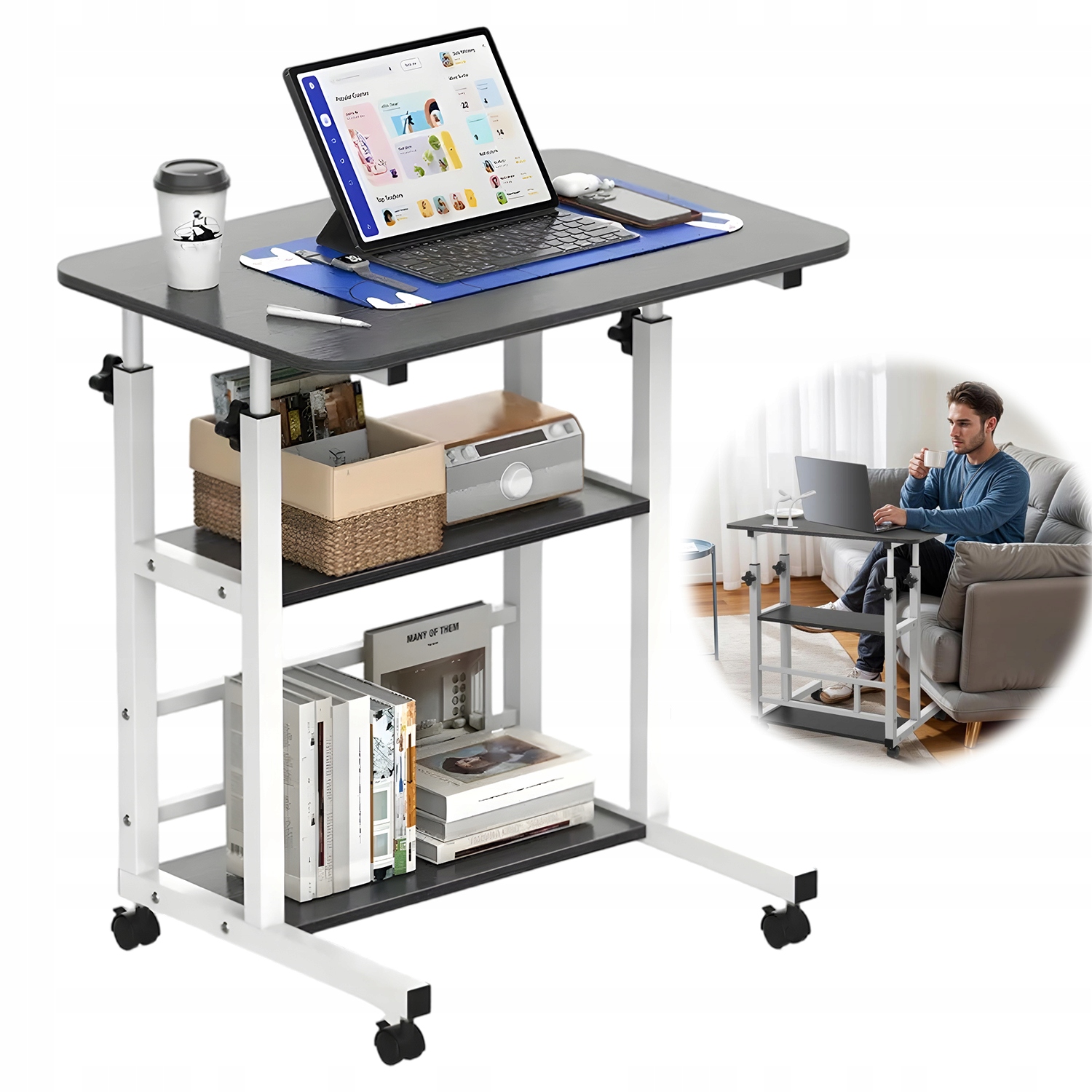 KOMPAKTOWE BIURKO NA LAPTOPA STOLIK NADŁÓŻKOWY STOLIK BOCZNY NA KÓŁKACH