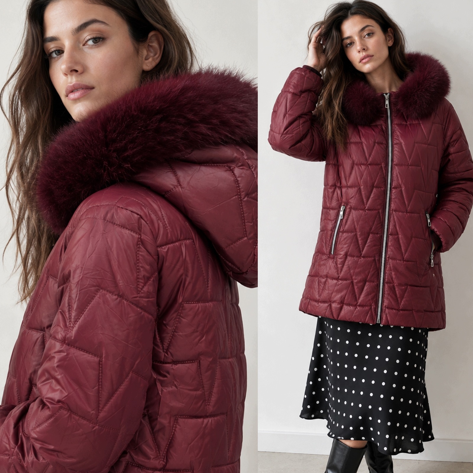 Dámská bunda s kapucí Zimní prošívaná s kožešinou Boční zipy Bordo 3XL