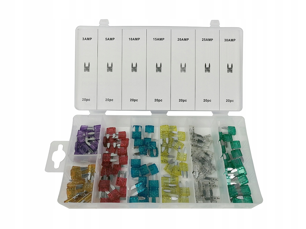 ZESTAW BEZPIECZNIKÓW SAMOCHODOWYCH MINI 3-30A 140 ELEMENTÓW WYGODNE PUDEŁKO