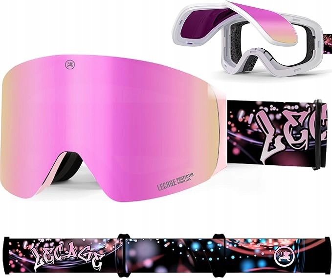 Gogle Narciarskie Lecage Snowboard Narty Podnoszone Damskie Różowe Antyfog