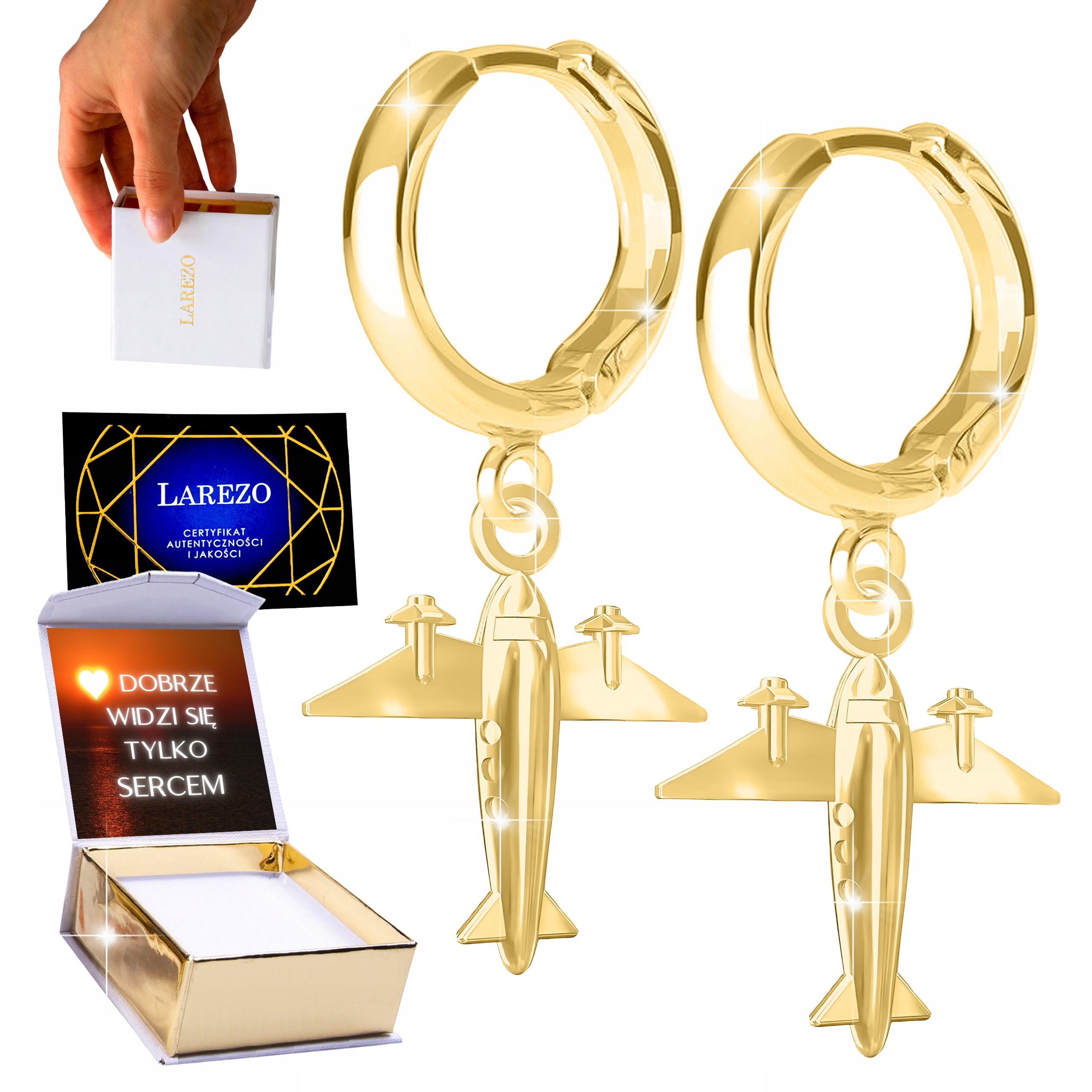 Zlaté Náušnice 925 Lesklé Bigle s letadlem Letadla Velké letadlo Potisk