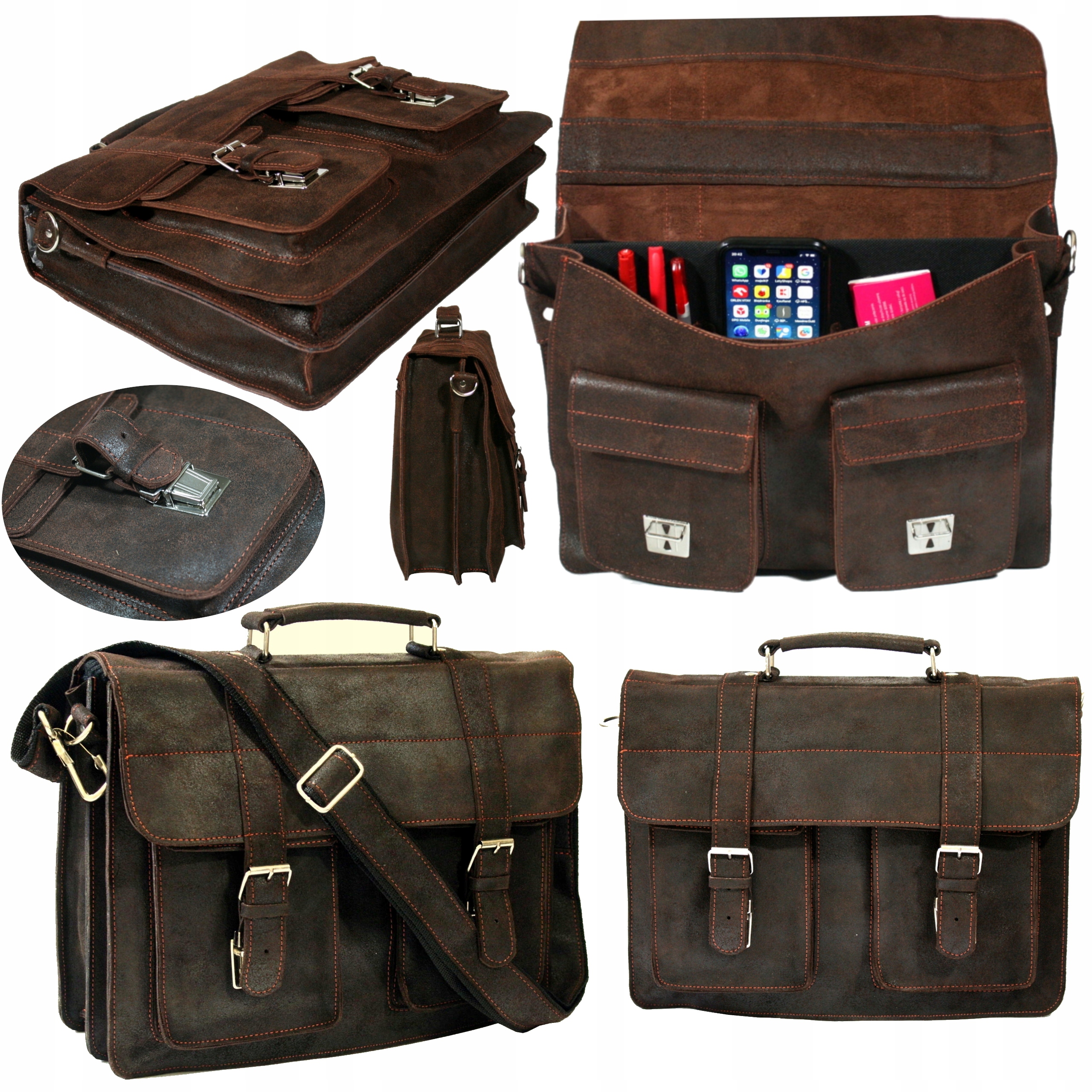 Pánská hnědá kožená taška přes rameno s rukojetí kabelka přes rameno polská výroba