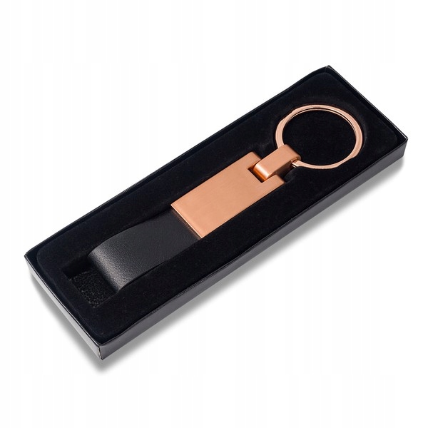ELEGANCKI BRELOK METALOWY RÓŻOWE ZŁOTO - CZARNA EKOSKÓRA ROSA + PUDEŁKO