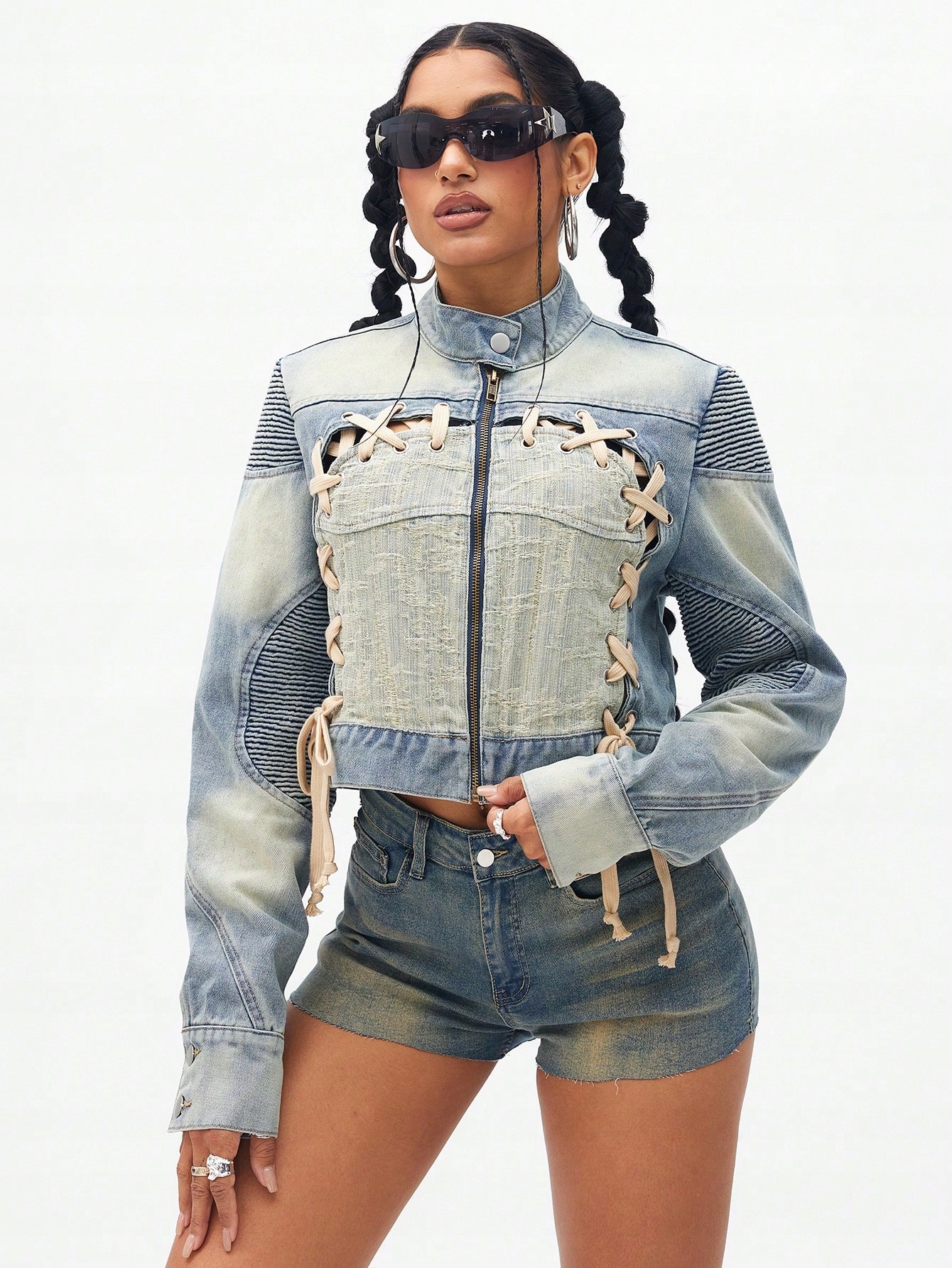 Krátká Džínová Bunda Biker Vintage Šněrovací Modrá Casual Shein S 36