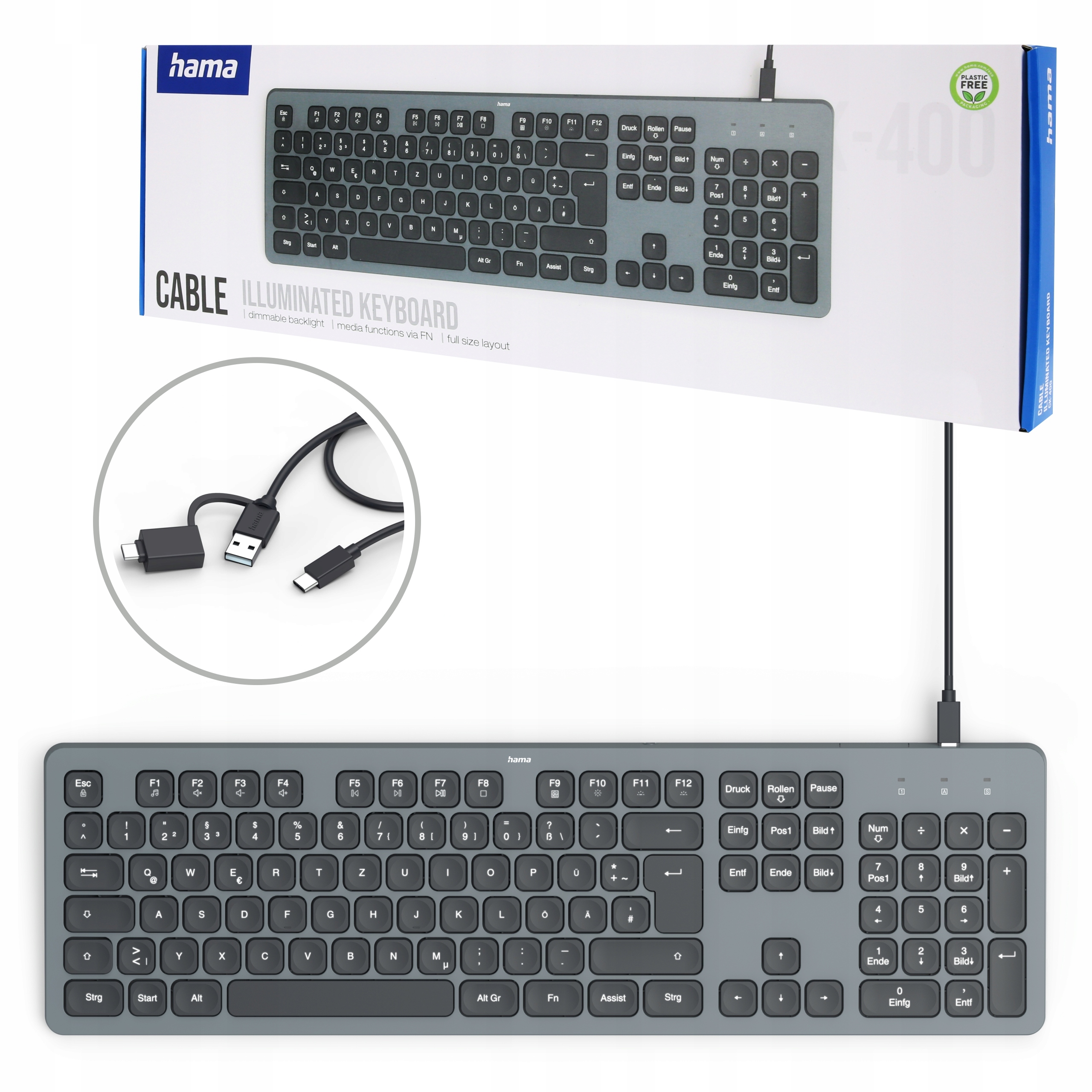 Hama Klawiatura Przewodowa Kabel 1,8m CK-400 Przycisk Ai Cicha Usb A Usb C